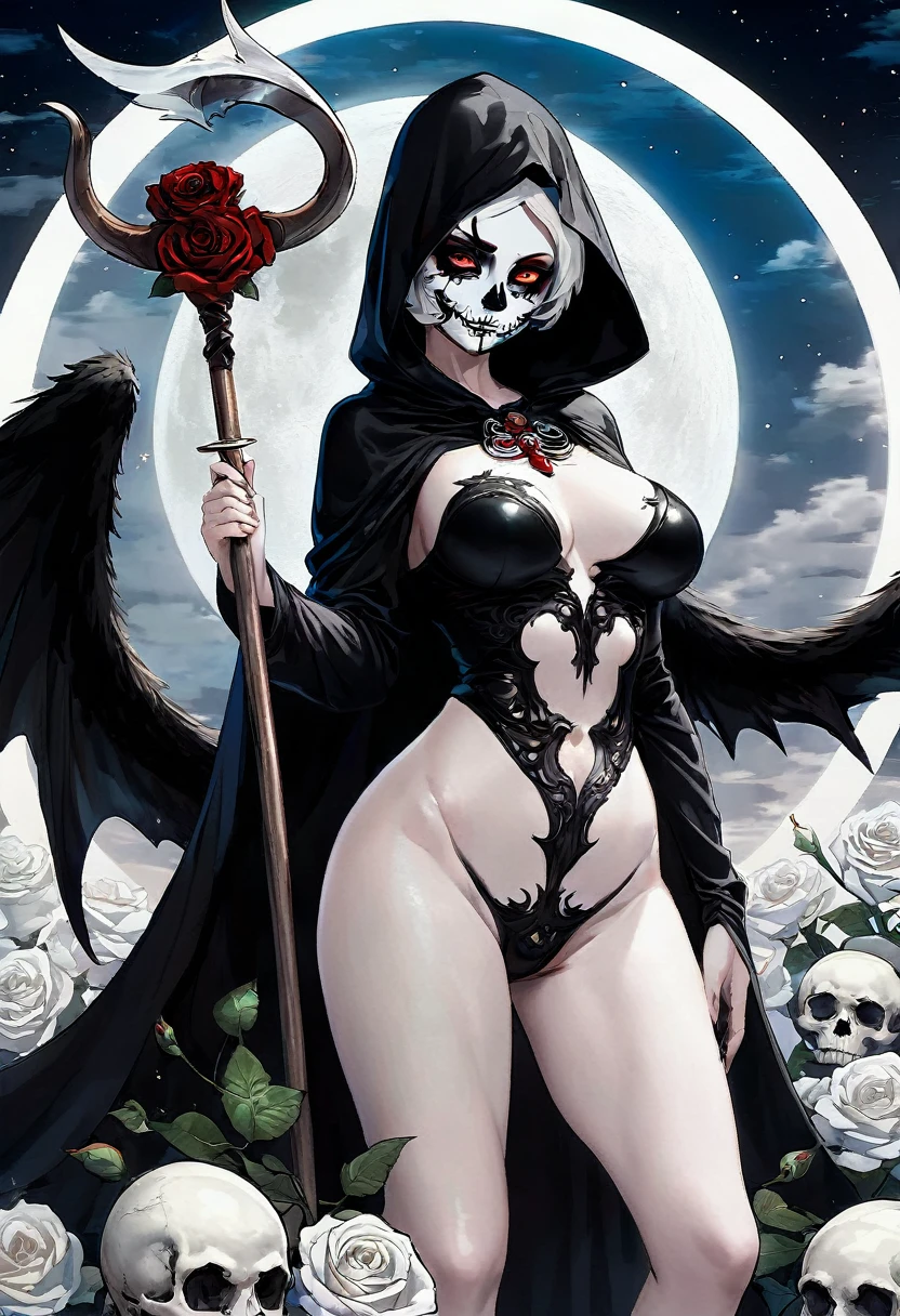 4k”, “high resolution” “high detail”((angel)) FEMALE WITH ((CATRINA FACE))VOLUPTOUS WITH ((black wings)) ((Transparent clothes)), and ((PAINTING OF SKULLS)) WITH WHITE ROSES WITH BIG SCYTHE and ((black hood)) and BLACK CAPE, ((Red eyes)), ((completely naked)) and MUSASSSA, big ((huge breasts)), ((china)), ass, SEX, White skin, PALE MILK, ASS, sexual, FULL MOON BIG and RED, Fitness, slim, ABOVE A WHITE LION WITH BLUE EYES and A BLACK LION WITH HORNS, “4k”, “high resolution” “high detail”