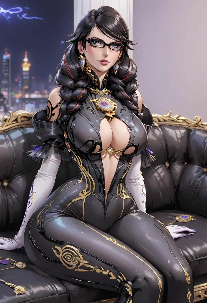 Bayonetta, big breasts, deep cleavage, Black suit, sitting on a sofa , hands behind her back 