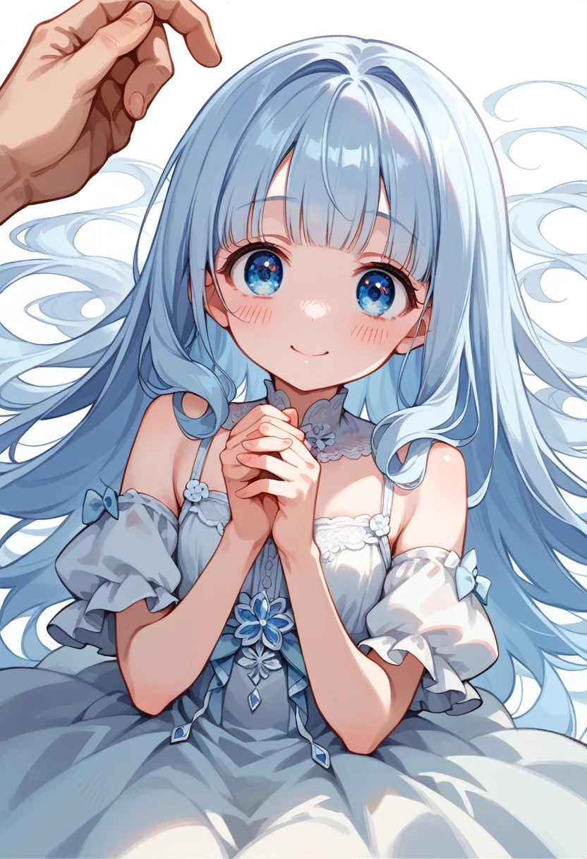 masterpiece, best quality, extremely detailed, (illustration, official art:1.1), 1 girl ,(((( light blue long hair)))), ,(((( light blue long hair)))),light blue hair, , long hair ((blush)) , cute face, big eyes, masterpiece, best quality,(((((a very delicate and beautiful girl))))),Amazing,beautiful detailed eyes,blunt bangs((((little delicate girl)))),tareme(true beautiful:1.2), sense of depth,dynamic angle,,,, affectionate smile, (true beautiful:1.2),,(tiny 1girl model:1.2),)(flat chest),absurderes, ultra-detailliert,bright colour,view straight on, ;D, ,Delicate beautiful face, red blush、Blue eyes, smile,happy girl, she is sitting in a chair,facing the mirror, 
A girl with an eye outside. Hairstyle comb、