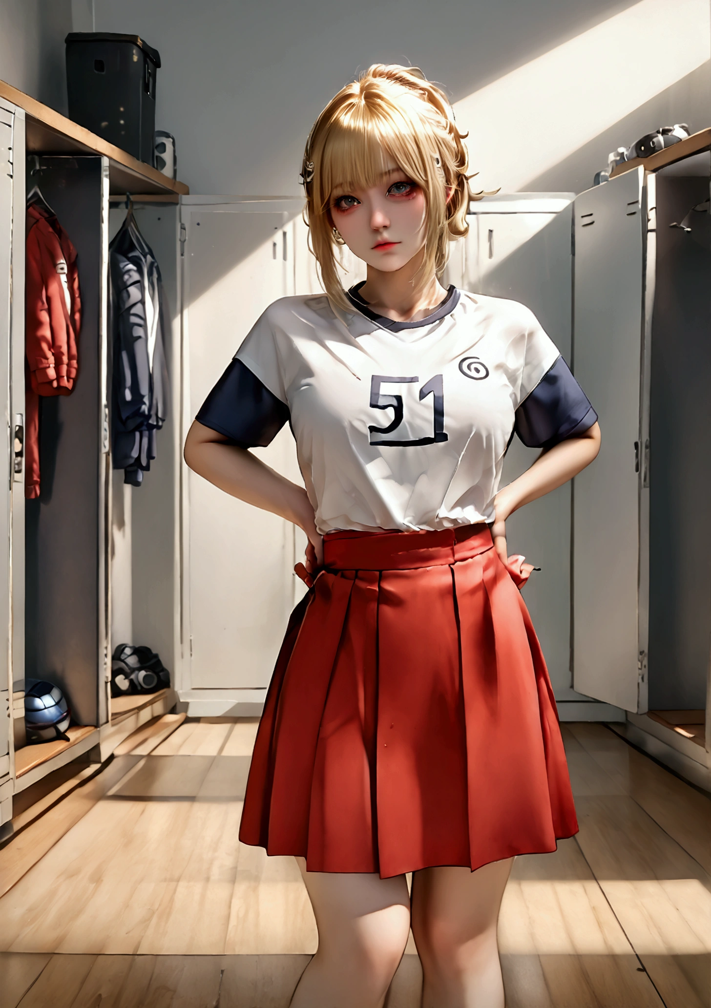 ultra-detailed,highly detailed,best quality,masterpiece,illustration, 
The image features an anime-style character wwithshort yellow hair The character is wearing a white sports shirt with red accents and a matching red skirt. The setting appears to be a locker room or a sports equipment room, as there are clothes and uniforms hanging in the background. The character's pose, with hands on hips and a slightly tilted head, suggests confidence or curiosity. The lighting is soft, casting gentle shadows and giving the scene a somewhat realistic touch despite its animated nature.