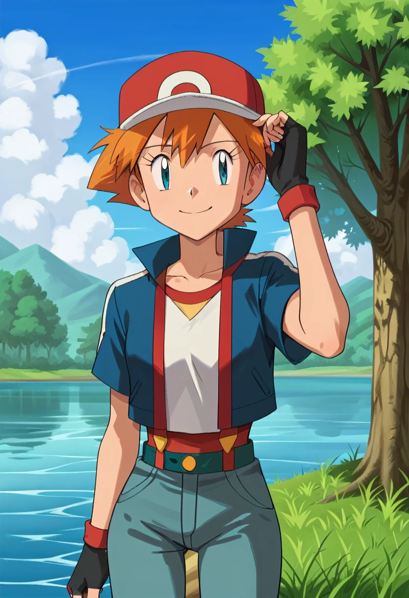 (masterpiece, highres, best quality:1.3), outdoors, hat, gloves, solo, aqua eyes, fingerless gloves, closed mouth, day, eyelashes, 1girl, misty \(pokemon\), cosplay, blue jacket, grass, short hair, short sleeves, red headwear, black gloves, jacket, sky, pants, cloud, baseball cap, hand on headwear, smile, grey pants, bangs, hand up, orange hair, collarbone, shirt, tree, water, gonzarez