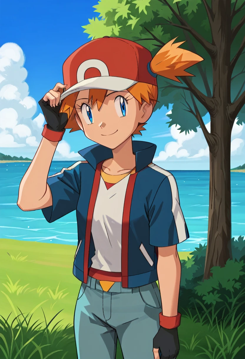 (masterpiece, highres, best quality:1.3), outdoors, hat, gloves, solo, aqua eyes, fingerless gloves, closed mouth, day, eyelashes, 1girl, misty \(pokemon\), cosplay, blue jacket, grass, short hair, short sleeves, red headwear, black gloves, jacket, sky, pants, cloud, baseball cap, hand on headwear, smile, grey pants, bangs, hand up, orange hair, collarbone, shirt, tree, water, gonzarez