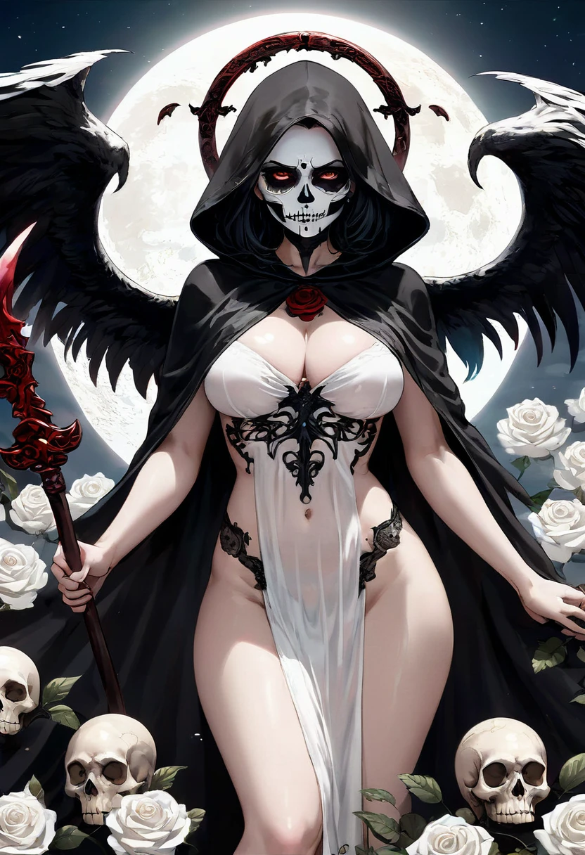 4k”, “high resolution” “high detail”((angel)) FEMALE WITH ((CATRINA FACE))VOLUPTOUS WITH ((black wings)) ((Transparent clothes)), and ((PAINTING OF SKULLS)) WITH WHITE ROSES WITH BIG SCYTHE and ((black hood)) and BLACK CAPE, ((Red eyes)), ((completely naked)) and MUSASSSA, big ((huge breasts)), ((china)), ass, SEX, White skin, PALE MILK, ASS, sexual, FULL MOON BIG and RED, Fitness, slim, ABOVE A WHITE LION WITH BLUE EYES and A BLACK LION WITH HORNS, “4k”, “high resolution” “high detail”