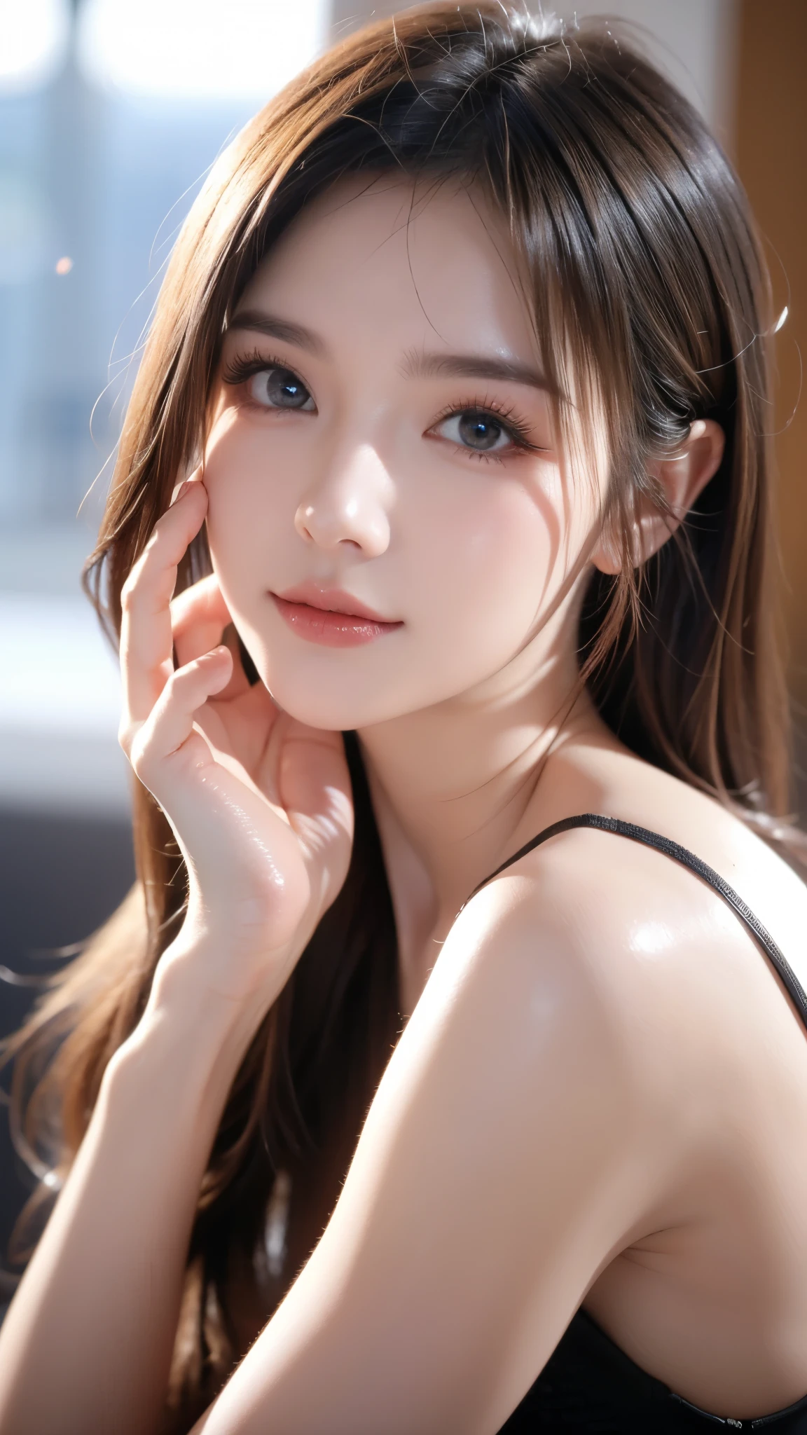 ,1 Girl,flirtatious,(Charming smile:0.8),Star-shaped pupils,full_Body,light rays,pink light particles:1.4,shiny skin:1.5,shiny eyes:1.5,dynamic angle,Tyndall effect:1.4,Two-tone lighting,(High Detail Skin:1.2,textured skin,natural skin texture:1.2,finely detailed beautiful eyes:1.2),shiny skin,shiny face,lustrous skin,),8K uhd,Digital SLR,Soft lighting,Volumetric Lighting,Bokeh,Ecstatic face,Climax expression,