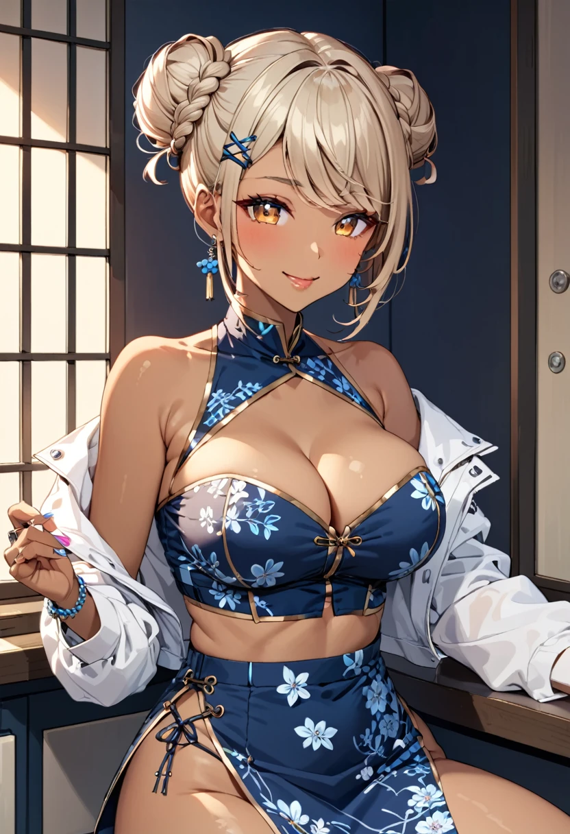 score_9, score_8_up, score_7_up, (masterpiece, best quality), Intricate details, indirect lighting, 
whole body, (Focus on the breasts), looking at viewer, standing, 1girl, large full breasts, bare breasts,
BREAK
gyaru, ((((dark skin)))), short hair, double hair buns, hairclip, cropped jacket, white jacket, Navy blue china dress, cleavage, smile