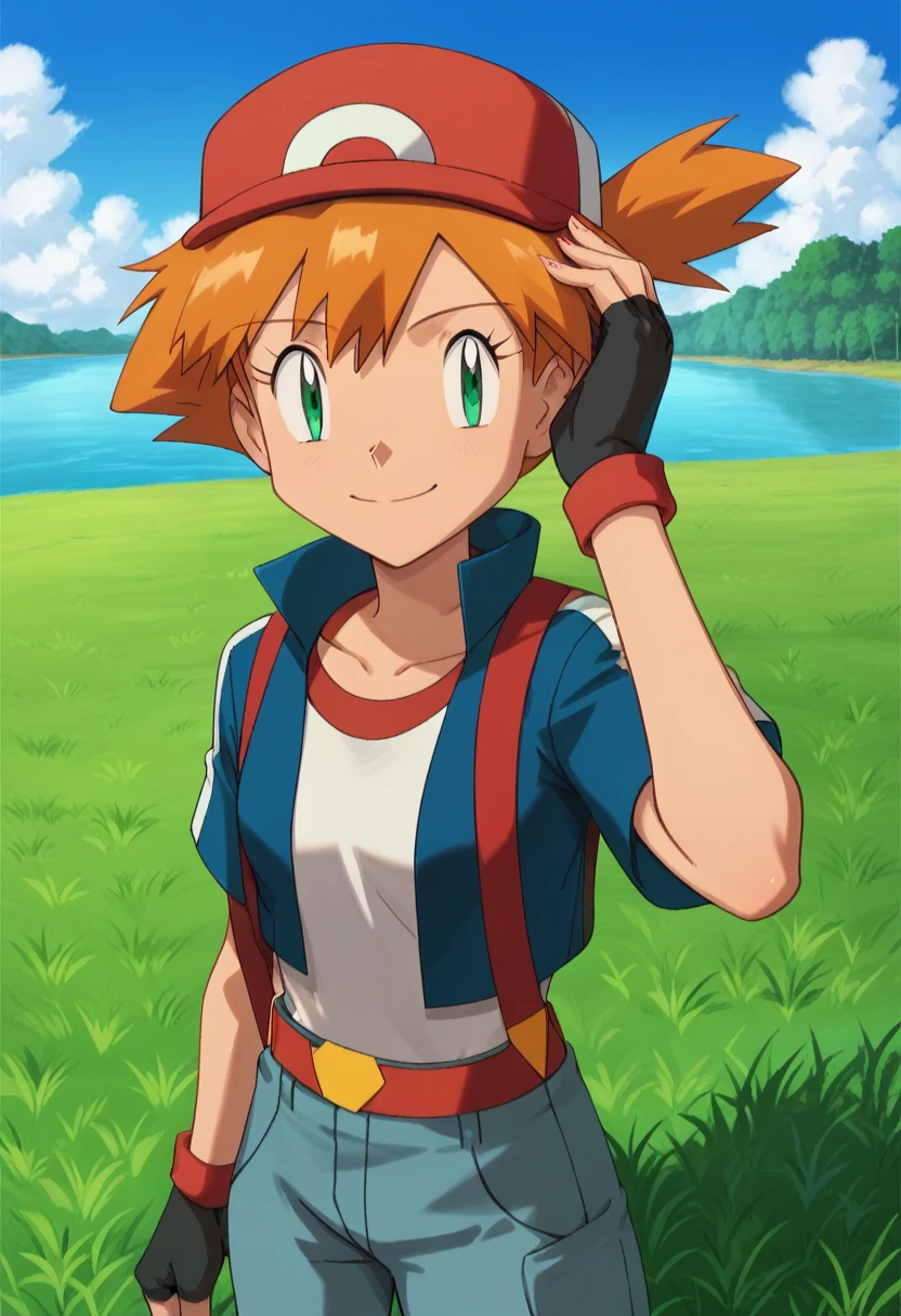 (masterpiece, highres, best quality:1.3), outdoors, hat, gloves, solo, aqua eyes, fingerless gloves, closed mouth, day, eyelashes, 1girl, misty \(pokemon\), cosplay, blue jacket, grass, short hair, short sleeves, red headwear, black gloves, jacket, sky, pants, cloud, baseball cap, hand on headwear, smile, grey pants, bangs, hand up, orange hair, collarbone, shirt, tree, water, gonzarez