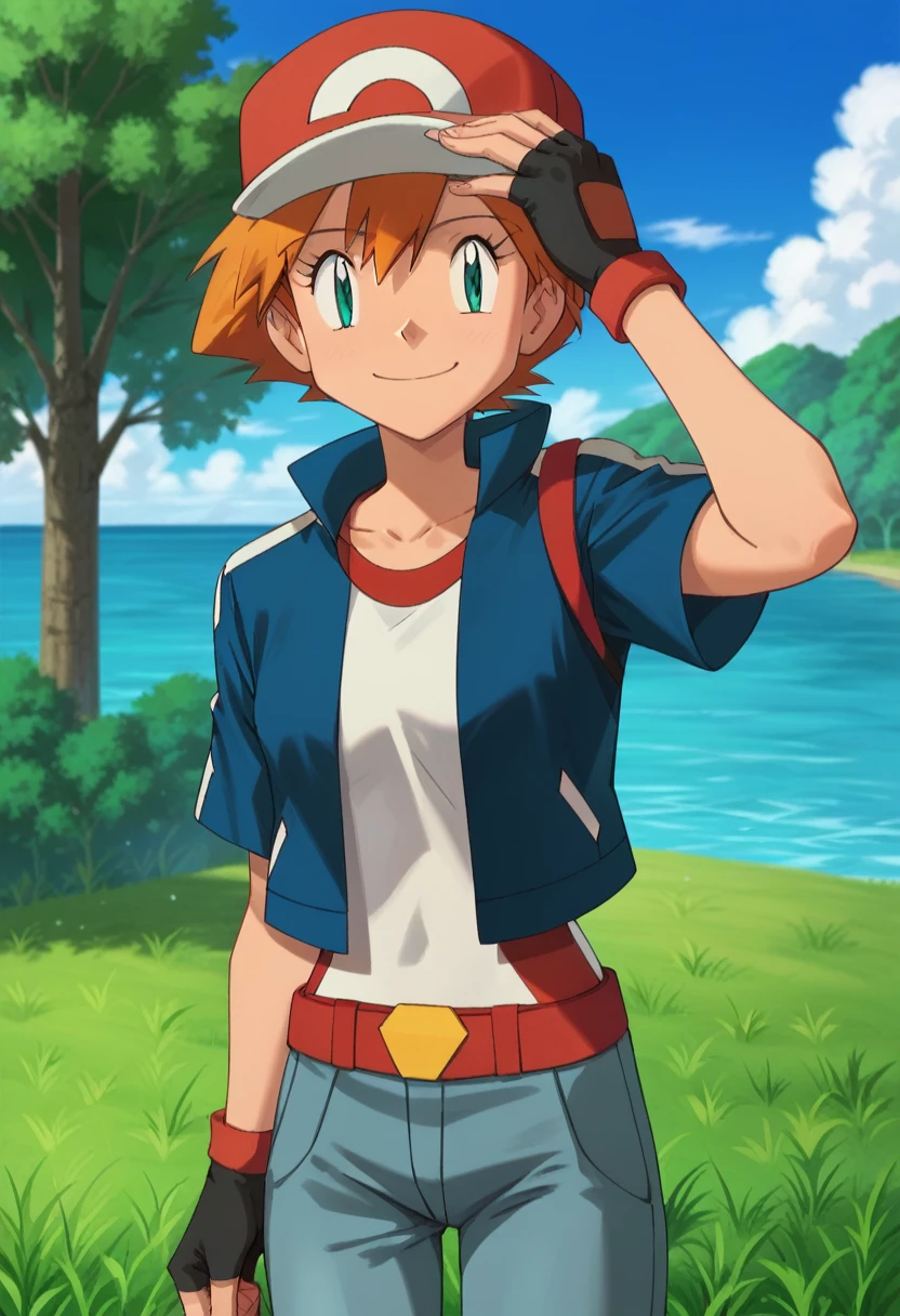 (masterpiece, highres, best quality:1.3), outdoors, hat, gloves, solo, aqua eyes, fingerless gloves, closed mouth, day, eyelashes, 1girl, misty \(pokemon\), cosplay, blue jacket, grass, short hair, short sleeves, red headwear, black gloves, jacket, sky, pants, cloud, baseball cap, hand on headwear, smile, grey pants, bangs, hand up, orange hair, collarbone, shirt, tree, water, gonzarez