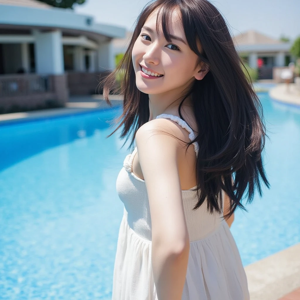 The image is so detailed and incredibly high resolution that it gives the illusion of reality. A photograph of an adult Japanese woman, beautifully charming and attractive, captured at a poolside. Her face is in sharp focus, and she gazes at the viewer with a warm and gentle smile. Her fair skin glows in the sunlight, highlighting her slender figure and slim waist, with medium-sized breasts. Her long black hair cascades elegantly around her shoulders, enhancing her beauty. She is facing directly towards the camera, basking in the sunlight. The composition emphasizes that only her upper body is visible, from the knees up, with the serene pool and bright blue sky creating a relaxing atmosphere in the background.