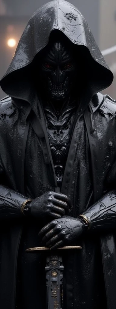 A mysterious, hooded figure. The figure is clad in intricately detailed black armor, adorned with ornate patterns and textures that suggest a gothic or medieval style. The hood obscures the face, casting deep shadows that enhance the enigmatic presence. The figure's hands, covered in armored gauntlets, grip the hilt of a large, menacing sword. The sword's blade is partially visible, reflecting a cold, metallic sheen. The background is blurred, emphasizing the central figure and adding to the atmospheric, moody tone of the composition. Water droplets are visible on the armor, suggesting a recent rain or mist, adding a dynamic element to the scene. 