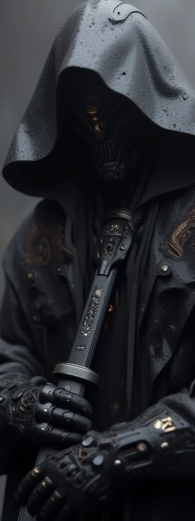 A mysterious, hooded figure. The figure is clad in intricately detailed black armor, adorned with ornate patterns and textures that suggest a gothic or medieval style. The hood obscures the face, casting deep shadows that enhance the enigmatic presence. The figure's hands, covered in armored gauntlets, grip the hilt of a large, menacing sword. The sword's blade is partially visible, reflecting a cold, metallic sheen. The background is blurred, emphasizing the central figure and adding to the atmospheric, moody tone of the composition. Water droplets are visible on the armor, suggesting a recent rain or mist, adding a dynamic element to the scene. 