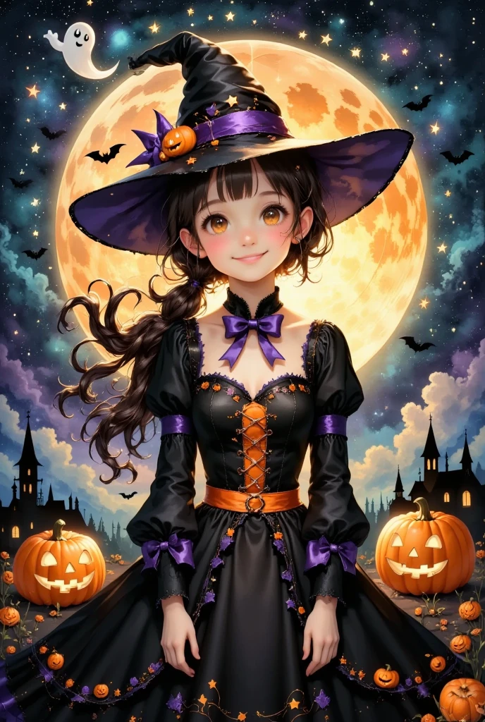 (masterpiece, best quality:1.2), cute girl wearing a Halloween witch costume,,Dynamic Pose,smiling,a person with braids, Alone, Anatomically Correct , perfect anatomy,Beautiful as a dream,Halloween Background,Night Sky