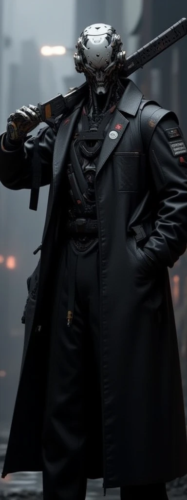 Create an image of a cybernetic humanoid assassin in a dark, dystopian setting. The figure should have a metallic skull with intricate mechanical details and a partially human-like appearance. It should be dressed in a long, black leather coat adorned with various cybernetic enhancements and accessories. (((The assassin is holding a futuristic rifle, aiming it with a cold, calculating expression at the camera))). The background should be dimly lit, emphasizing the assassin's menacing presence and highlighting the metallic and leather textures. The overall mood should be intense and foreboding, capturing the essence of a high-tech, dystopian world. (((detailed post-apocalyptic city background.))) 