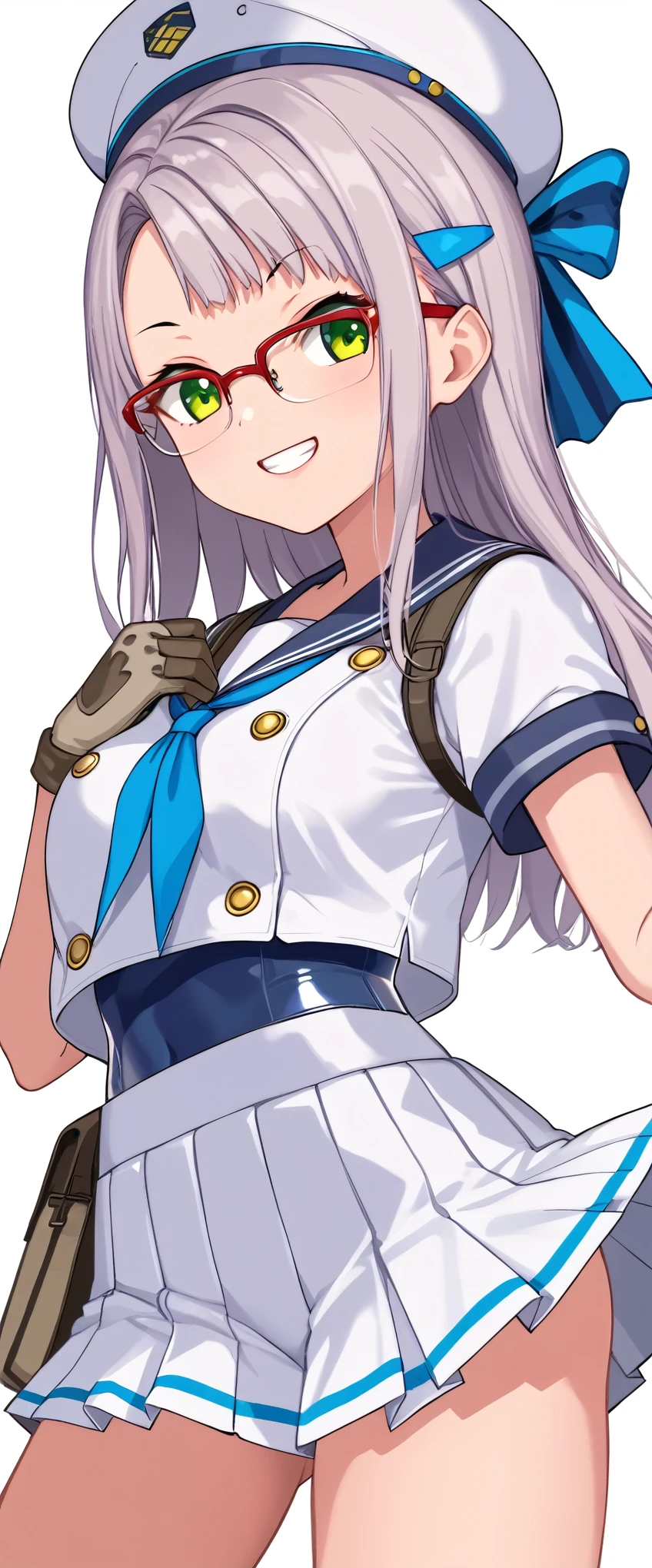 (超詳細なeye、Detailed face, ultra high resolution、 Super High Quality 、eye),ANIME SCREENCAP,neon def, green eyes, grey hair, bangs, long hair, glasses, hair bow, hairclip, beret, blue sailor collar,  blue neckerchief, white shirt, swimsuit under clothes, pleated skirt, gloves, Grin、(I came up with a good idea),smile、From the waist up,simple background