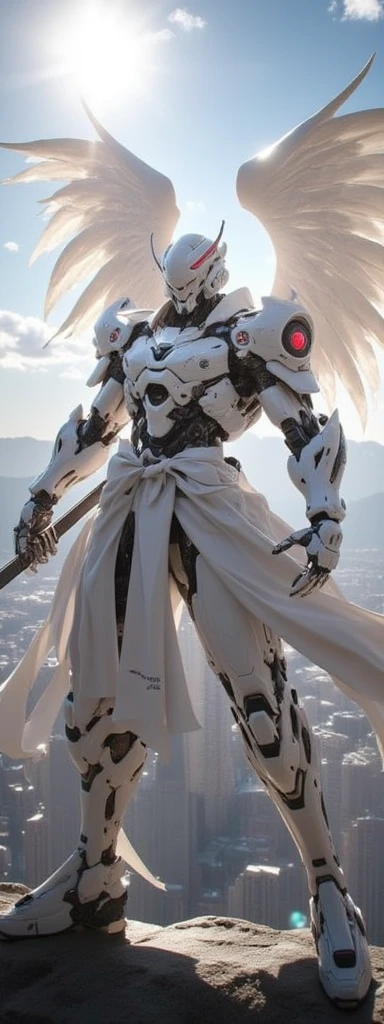 Male white armored cyborg with red eyes slots in helmet and white metal wings flying above a cyberpunk city in the sun holding a samurai sword, Cyber-Samuraji, the armor is glistening in the sun, high action pose, speed blur, highly detailed, reflective armor, chiaroscuro, ArsMJStyle, Cyberpunk, Cyb3rpunk2077, Recypu style