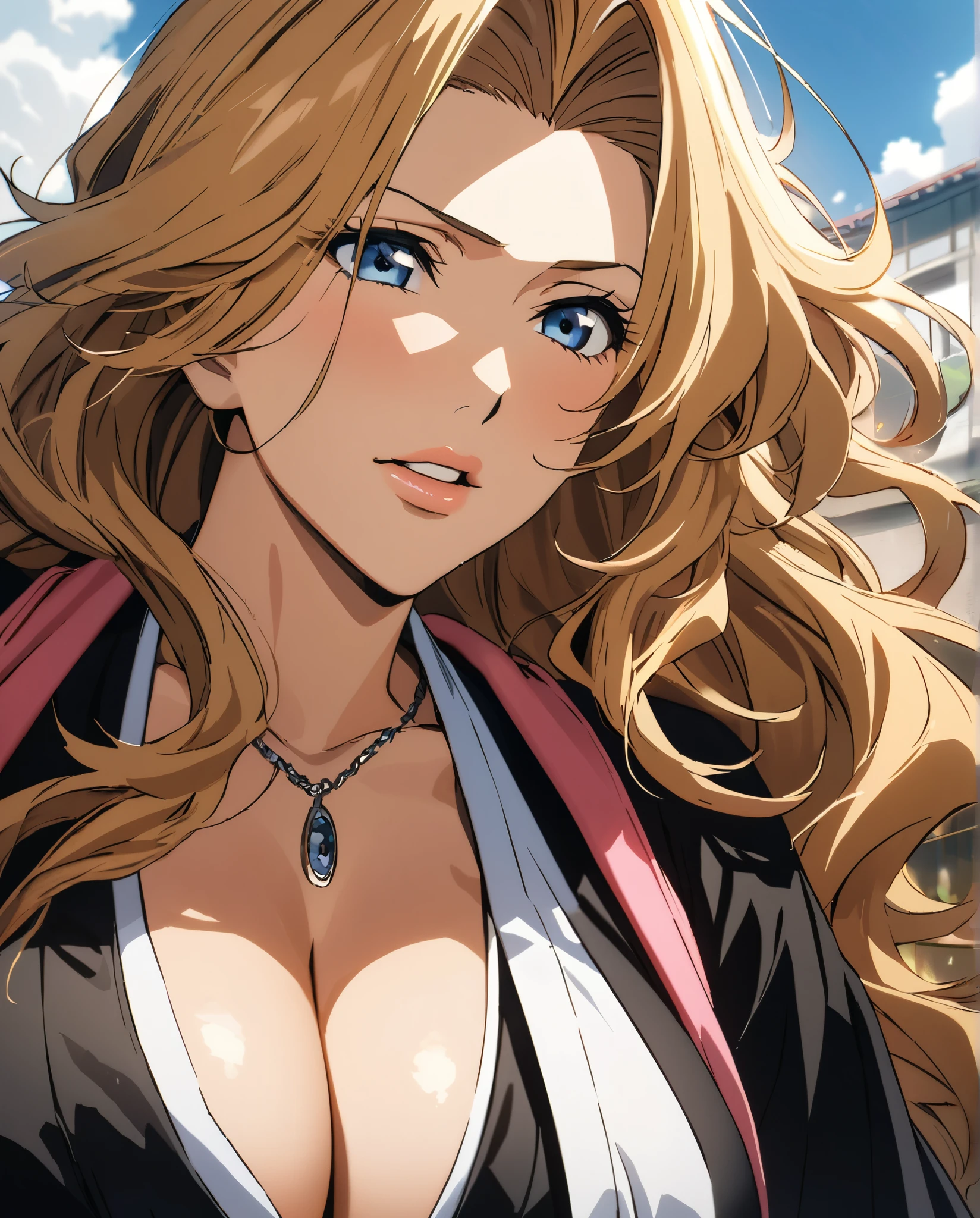 1 girl, anime, illustration, (Rangiku Matsumoto), rangiku, Bleach anime, long and wavy blonde hair, blue eyes, full lips, and a beauty mark located under the right side of her mouth, detailed face, hakama dress, cleavage, best quality, highres, masterpiece:1.2, ultra-detailed, HDR, UHD, sharp focus, extreme detail description, professional