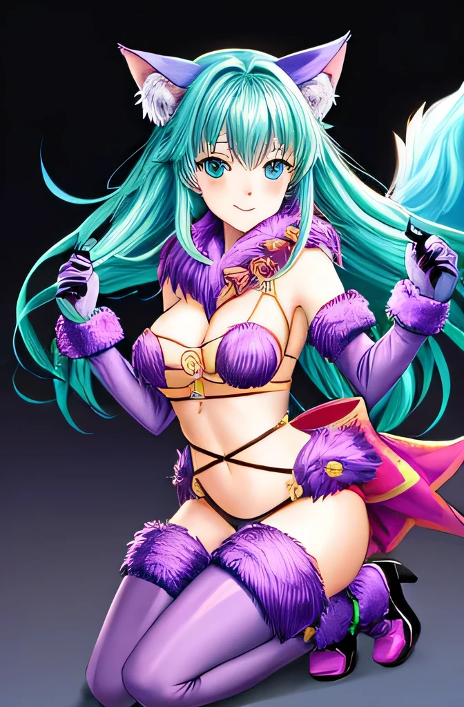 Generate a full-body artwork of Mash Kyrielight in a Halloween costume with a dangerous beast cosplay theme. She should be wearing fur-trimmed legwear, a fur bikini, fur-trimmed gloves, and purple thigh-highs. Include a purple tail, wolf tail, wolf ears, and revealing clothes like an o-ring top. Accessorize with purple gloves, a fur collar, and emphasize a fur and wolf theme. The art should be a high-quality masterpiece focusing on a solo adult female character. Style the illustration in a Rococo, graphic, anime style. The concept should be beautiful and trending on platforms like Artstation, MidJourney, and Pixiv. Ensure absurdres resolution, unity dynamism, and detailed anime features::