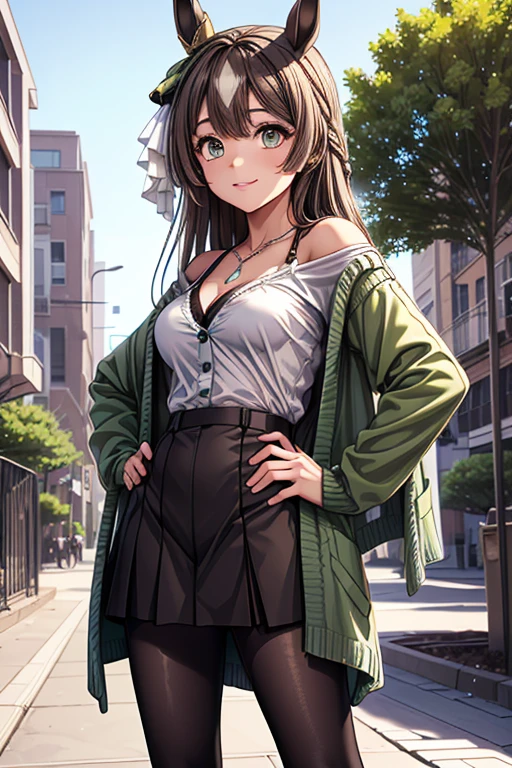  Girl posing for a photo , animeのかわいい女の子, (( one girl playing pranks)), ((baby face:1.3)), ((cute:1.3)), 
break 

satono diamond \(Uma Musume\),  ((Red Long Flared Skirt )) + ((Green camisole)) + ((green sheer cardigan :1.4)), (( low denier black pantyhose :1.4)), ((Shiny black high heels)),  
((Silver Necklace)), 
break 

#((Blonde:1.2)), ((slicked back hair:1.4)), (( twin tails) : ( Short Hair) + ( voluminous hair) + (Outward-curling hair) + (Curly hair) + (Tied up with white ribbon)), 
#(Droopy eyes:1.4), (Big Eyes:1.4), ( blue eyes ), 
((Small breasts)), 
break 

((noon,  downtown sunny walkway, street tree)), 
((smile) + (blush)), ((Hands on hips、Stand with your feet shoulder-width apart、Confident standing pose)),   
(( angle from below:1.2)), (( character focus )), (( cowboy shot of a man)),  
break 

( Slim Body ), (Symmetrical facial features), 
(Detailed Hair), (Beautiful Hair), ( shiny hair ), 
(double eyelid), ( long eyelashes), (Thin eyebrows), 
( Sparkling Eyes ), (Detailed eyes), ( beautiful eyes), ( perfect eyes), (Shining Eyes),  
((Human Ear)), 
(Beautiful Nose), (Thin Nose), 
(Glossy lips), (Beautiful Lips), (Thick lips), 
(Detailed skin), (Fine skin), (Beautiful Skin), ( oily skin ),  
break 

(((Best Quality)), ((masterpiece:1.3)), (( very detailed ))), (( ultra high resolution)), ((16k)), ((1080P)), ((Full HD)), 
(  anatomically correct), ((Realistic)), (3DCG), ((Oil)), 
((anime)), ((photorealistic)), (CG illustration), ( RAW Photos), 
