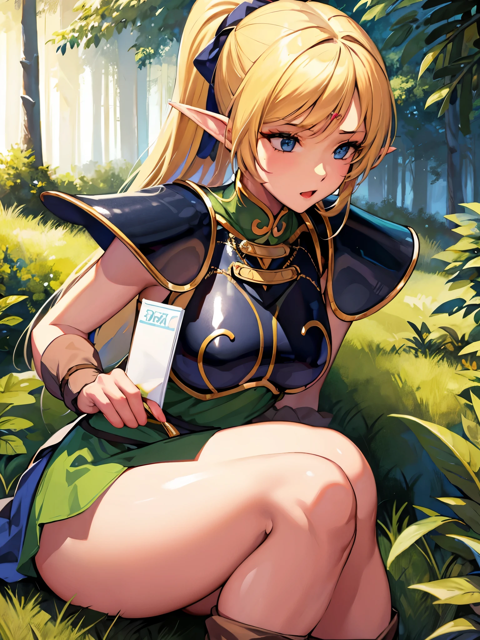 (( show me her armpits)), Sexy Poses,((masterpiece、Best Quality、Supermarket、 Kampala、Genuine、 sharp concentration ))、 face light 、((Delicate and beautiful))、Female Elf、 Deedlitt、(( blond hair))、(( ponytail)),Round face、Sexy appearance、Blue and white armor、In the forest、 black knee-high socks 、 fantasy character、((Large Breasts)), sexy costume