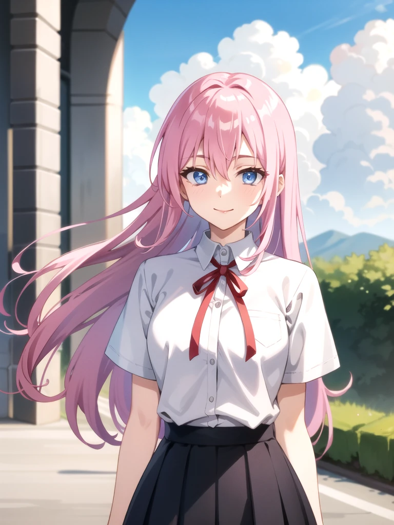 tall body, tall, long legs, mature female, mature, adult, simple background
 eft_shikimori, 1girl, blue eyes, pink hair, shirt, smile, looking at viewer, outdoors, solo, cloud, white shirt, long hair, sky, upper body, short sleeves, red ribbon, day, ribbon, bangs, hair between eyes, school uniform, blue sky, collared shirt, closed mouth, neck ribbon, blurry, blurry background, sidelocks, skirt