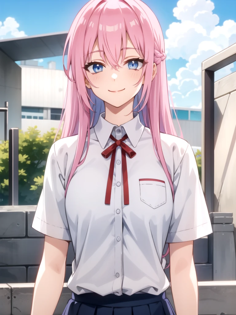 tall body, tall, long legs, mature female, mature, adult, simple background
 eft_shikimori, 1girl, blue eyes, pink hair, shirt, smile, looking at viewer, outdoors, solo, cloud, white shirt, long hair, sky, upper body, short sleeves, red ribbon, day, ribbon, bangs, hair between eyes, school uniform, blue sky, collared shirt, closed mouth, neck ribbon, blurry, blurry background, sidelocks, skirt