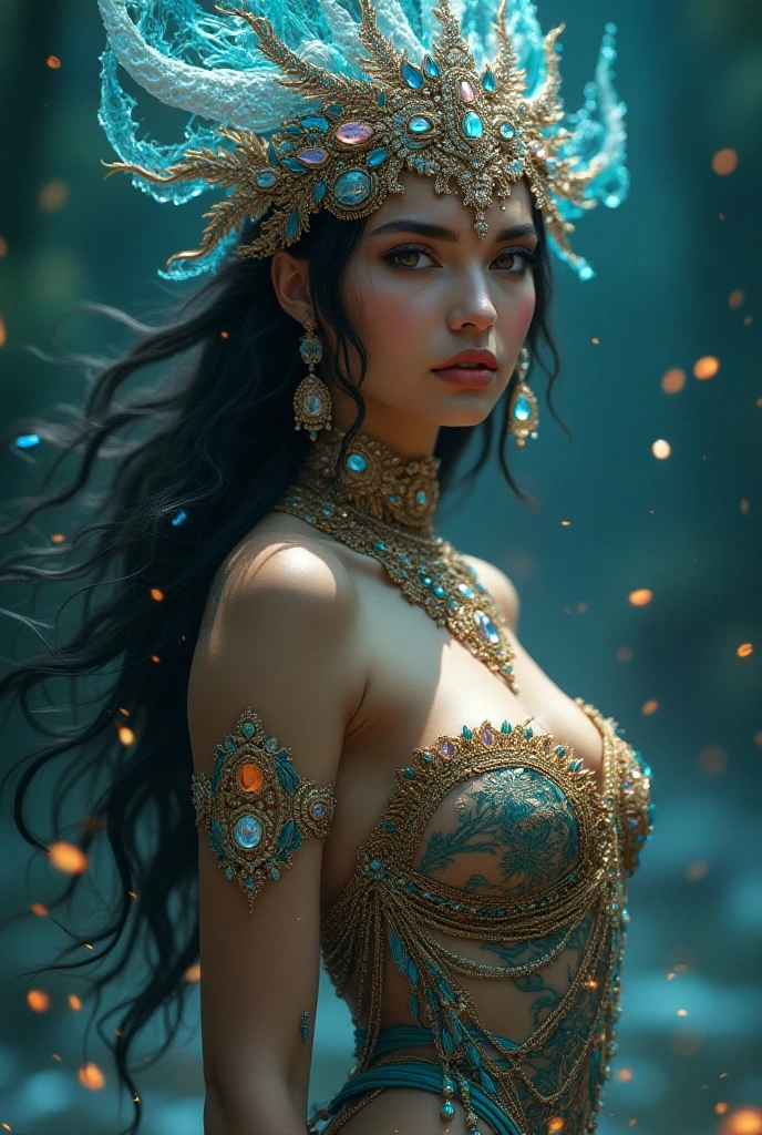 Top quality, Masterpiece, Extremely high resolution, (photo realistic:1.4), ultra realistic realism, Dreamlike, Beautiful blue goddess wearing a phoenix peacock on her head, Nautilus, hickey, Fantasy creation, Conch Brain, Conch Dream, Biopunk Nautilus, Thrilling color scheme, Ultra realistic realism, abstract, psychedelia.