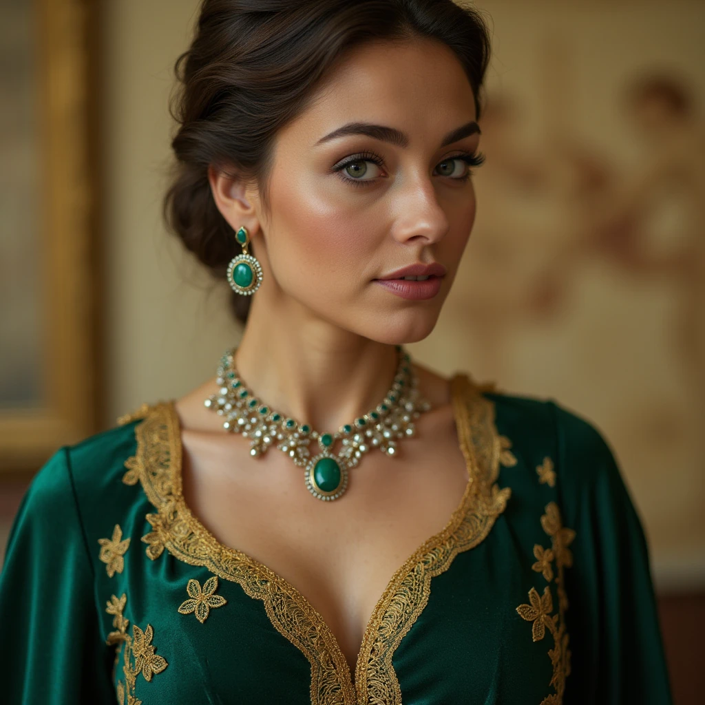 Close-up photo of a woman in an emerald velvet gown with gold lace, showcasing her elaborate jewelry—emerald necklace and large earrings. The intricate details of her dress and the shimmer of the jewels are highlighted by soft lighting. The background features blurred outlines of Leonardo da Vinci's sketches, creating an atmosphere of artistry and elegance. Flash photography.