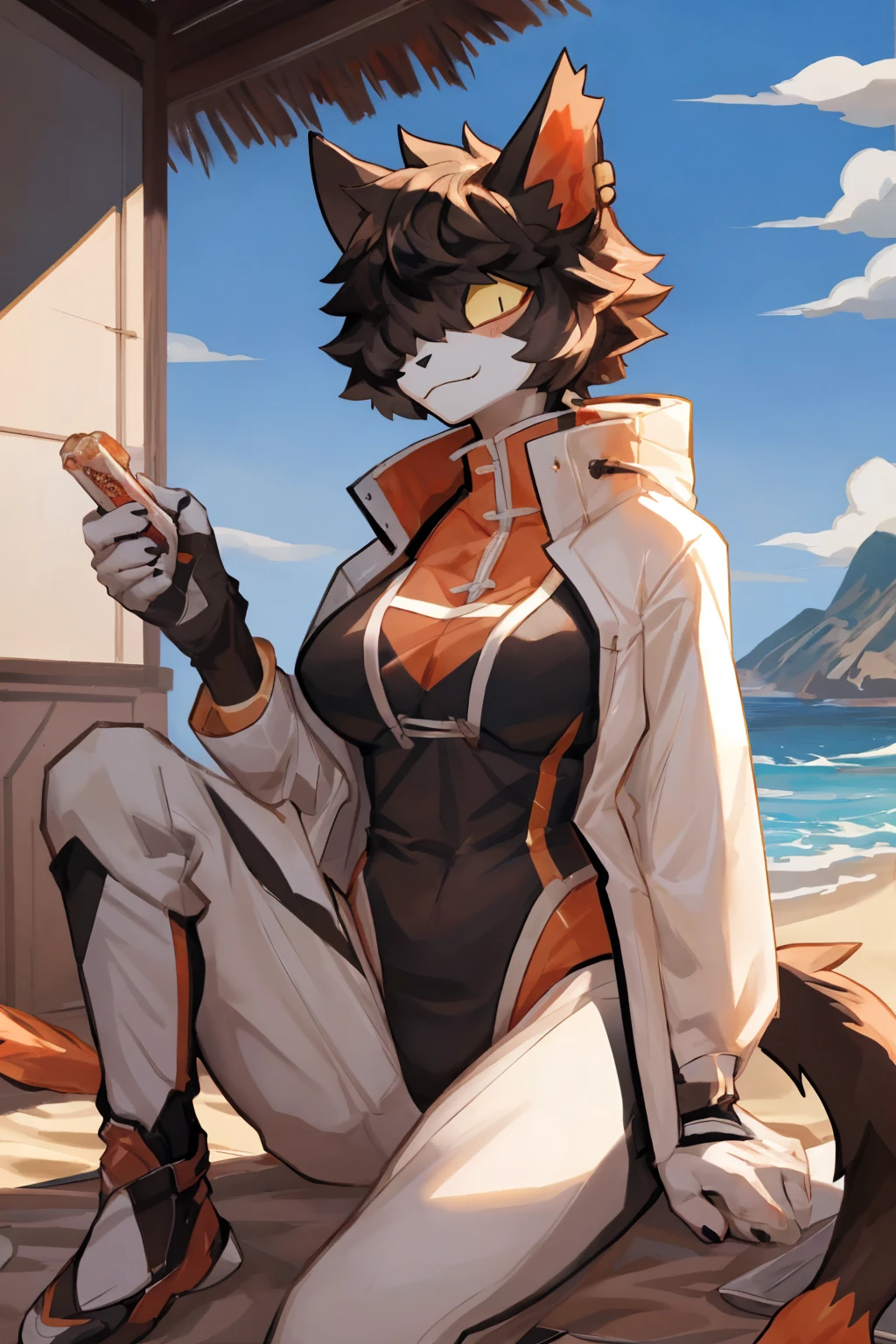 Masterpiece, high quality, best quality, high resolution, (fitness man figure:1.2), absurd resolution, digital painting, (artwork), by dagasi , (fluffy fur), anthro male cat, (upper body close-up:0.8). (Detailed face:1.5), masculine, Cute face, (outdoor, seaside, Sitting), (big breasts:1.2), perfect round breasts, sexy breasts, Normal breasts structure, (Twelve-year-old boy:1.2), Huge bulge, Big bulge, Average boy's body, (crotch bulge)，wide shoulders，masculine male，narrow hips，jaw line，normal bulge structure，White Socks,  (Looking down), Long snout, detailed eyes, bright and clear eyes, (male:1.2), big ears, big tail, (yaoi), (shotacon:1.5), (Good lighting:1.5), (Detailed body:1.5), (Uploaded to e621), (Handsome Face:1.5), black hair, (Teenager:1.2), cowboy shot