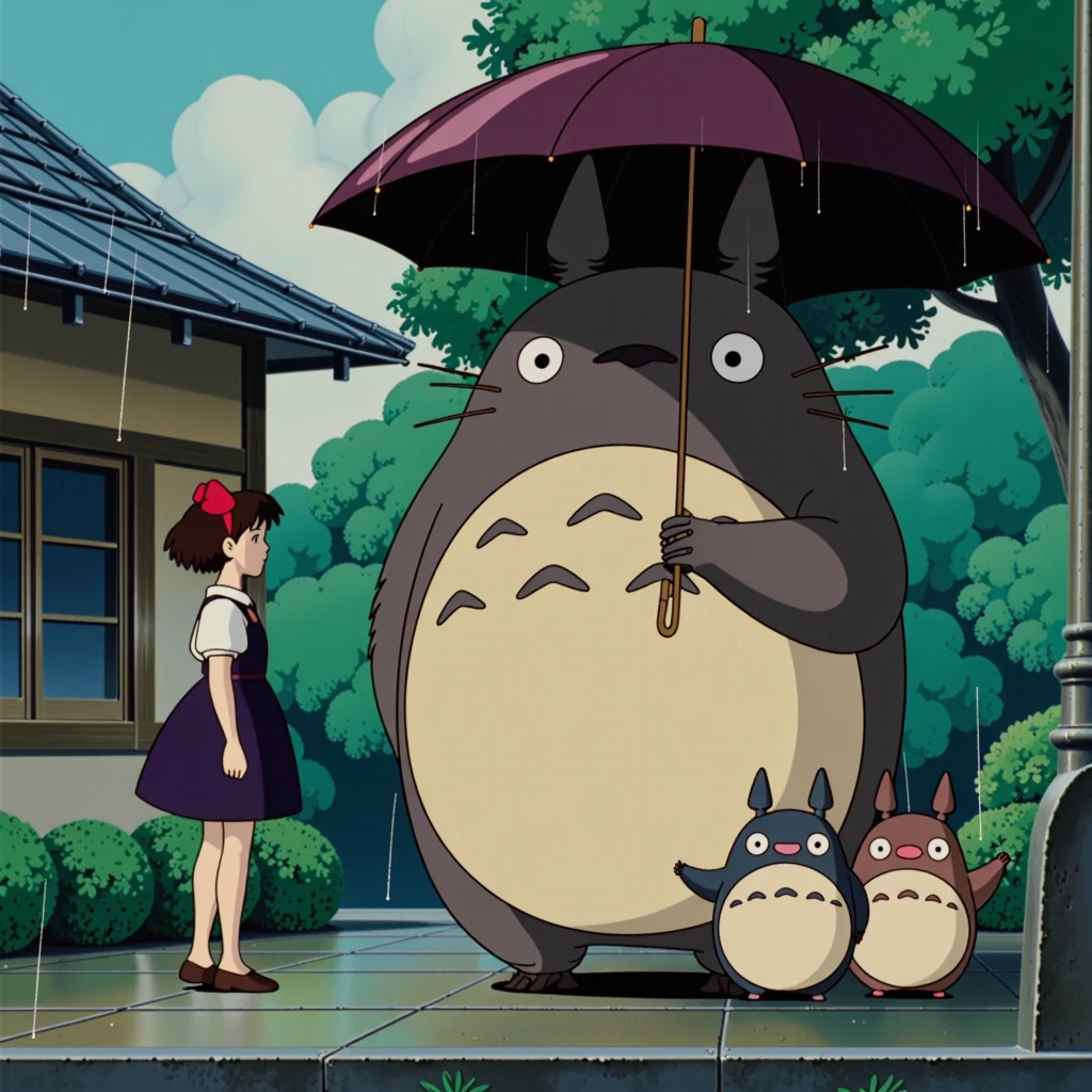 ghibli, kiki is waiting and looking at totoro, kiki is black hair girl with black one piece,red ribon on head, short hair .
big totoro is holding an umbrella to protect 3 cute little totoros from the rain, bus stop and rain