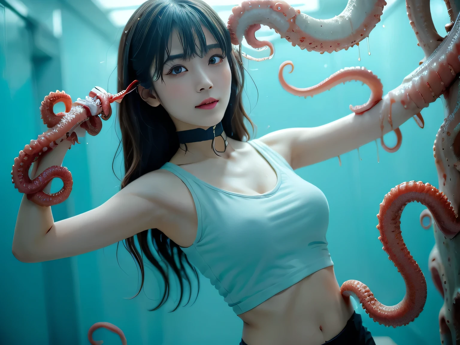 Woman attacked by monster tentacles、Kissing Face、Highest quality, masterpiece, Ultra-high resolution, (Realistic:1.4), ) RAW Photos, 1 caucasian girl, 2,Slender body,)),((Looking down)), Realistic pictures,  ,、whole body、Disheveled clothes、fair, Beautiful Skin、Immaculate skin、Please bend your knees、Boldly spread your legs wide(Spread your legs)、Violated by slimy tentacles、Attacked by multiple tentacles、Sleep on your back:1.4、Tentacles penetrate deep into the female genitals、Tentacles wrapped around chest、、Deep neckline, sleeveless U-neck shirt、ring necklace、mini skirt、、Model body type、、Updo、、Beautiful fingers、Off the shoulder、Exposing shoulders、Crying face、Flat cleavage、