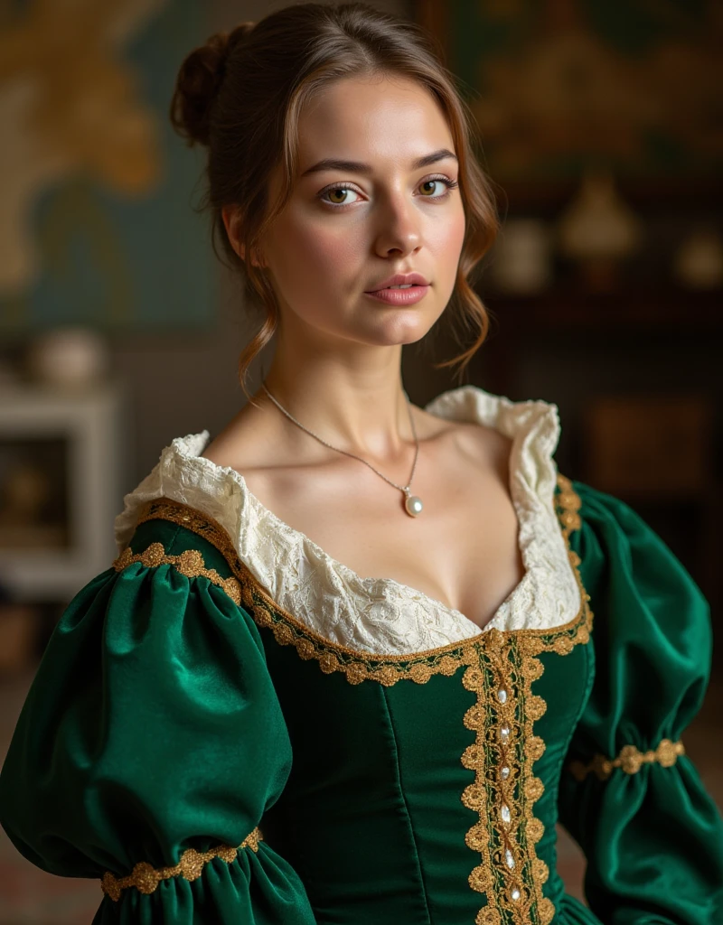 Close-up photo of the woman in an emerald-green velvet gown, showcasing the luxurious fabric and intricate lace detailing around the neckline. Her neckline reveals a delicate necklace with a single pearl pendant. The flared sleeves and golden embroidery are visible, adding elegance to her silhouette. The background softly blurs the artistic chaos of da Vinci's workshop, creating a dreamy atmosphere that captures the elegance of the Renaissance. Flash photography.