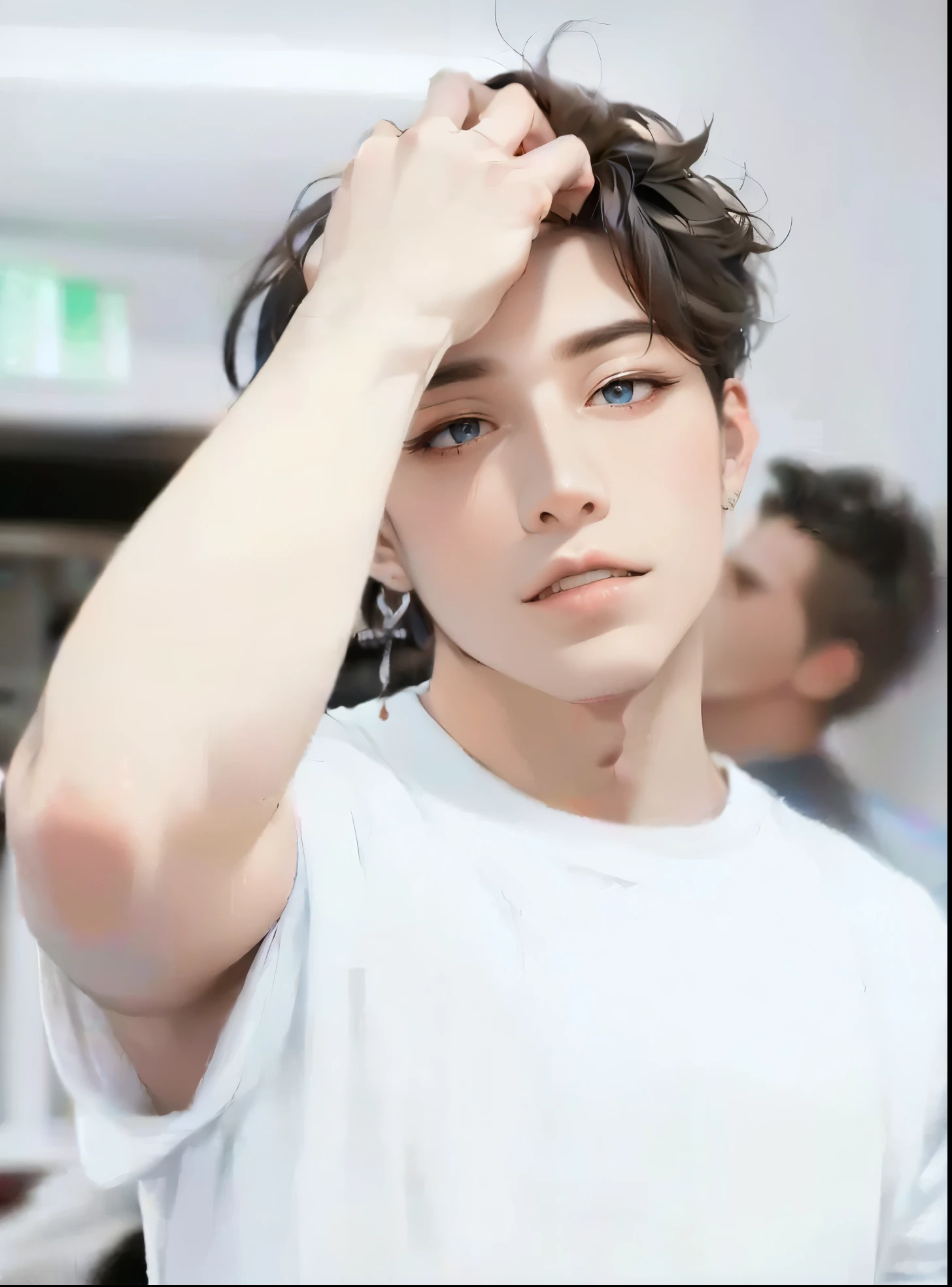 masterpiece, better quality, 1 mature male , 27 years old, Gray Black Hair, fairly blue eyes , cups, CEO, white shirt, photo of the record, background wall, detailed eyes, detailed facial features , realistic and high resolution (better quality, 4K, 8k, highres, masterpiece:1.2)