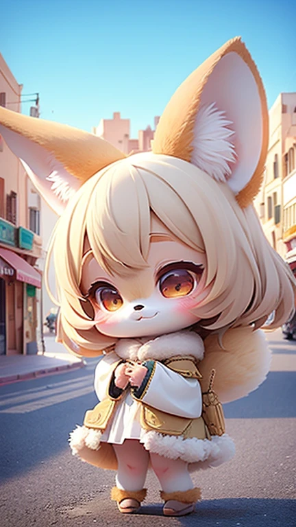 ((furry)), super deformed small girl, Fennec girl、 Traditional Algerian Costumes、Views of the port city in Algeria、((Best Quality))