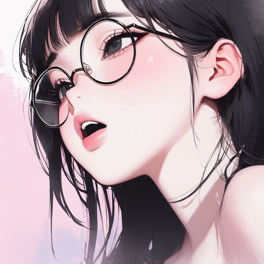 Girl, black hair, black eyes, beautiful, strapless mint dress, pastel colors, face close-up, flat, lipgloss, brat, big round glasses, korean, wide mouth, submissive, straight bangs, looking up, pink cheeks 