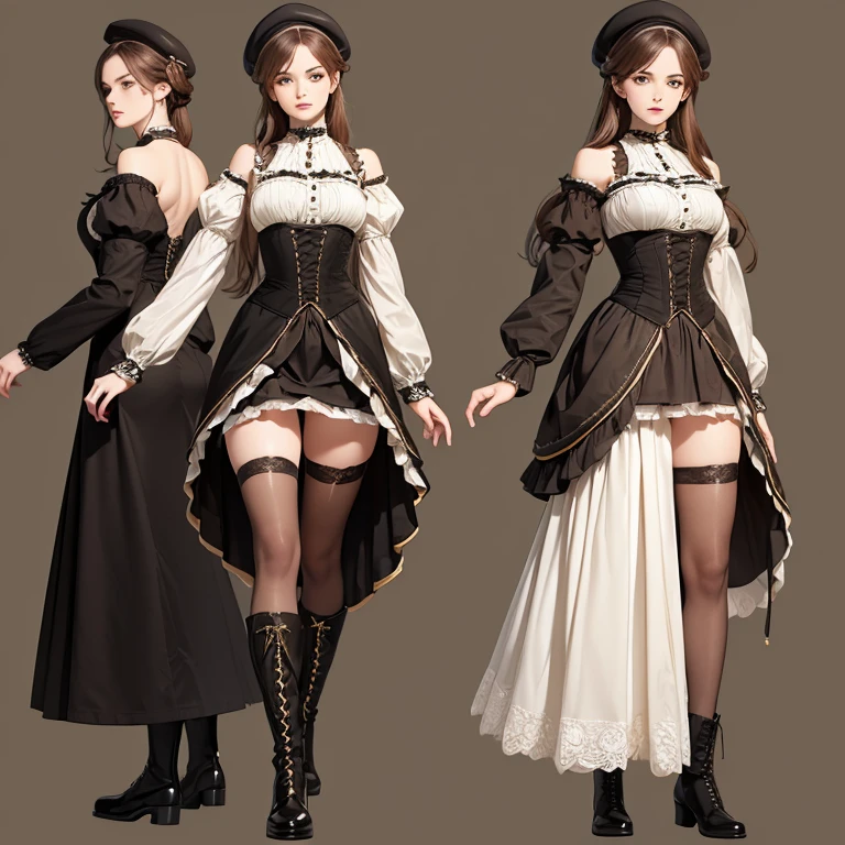 (A young woman ), (Victorian fashion), (perfect anatomy), (Ultra Detailed), ((better quality)), (Whole body),  a woman in Victorian clothing ,  with shoulder-length brown hair , green eyes,  wearing a skirt, long socks and t-shirt and a beret and boots, (black and brown clothing ), (using accessories), neutral background