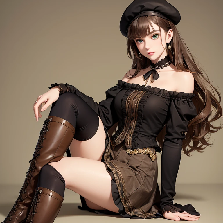 (A young woman ), (Victorian fashion), (perfect anatomy), (Ultra Detailed), ((better quality)), (Whole body),  a woman in Victorian clothing ,  with shoulder-length brown hair , green eyes,  wearing a skirt, long socks and t-shirt and a beret and boots, (black and brown clothing ), (using accessories), neutral background