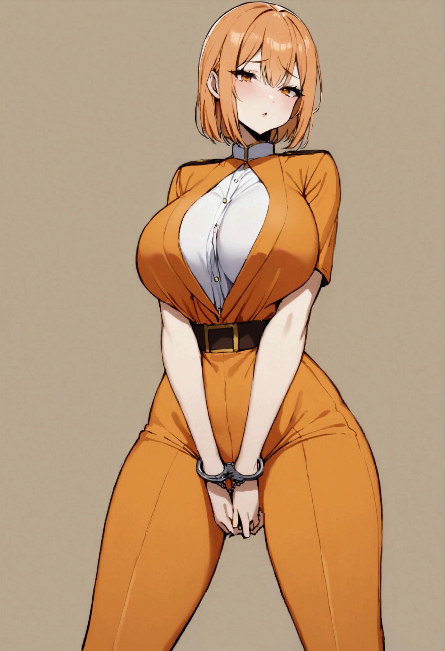 ,orange jumpsuit, uniform, orange pants,Waist Chain, Hands tucked in between thighs, arms tucked in between thighs, Handcuffs, big breasts