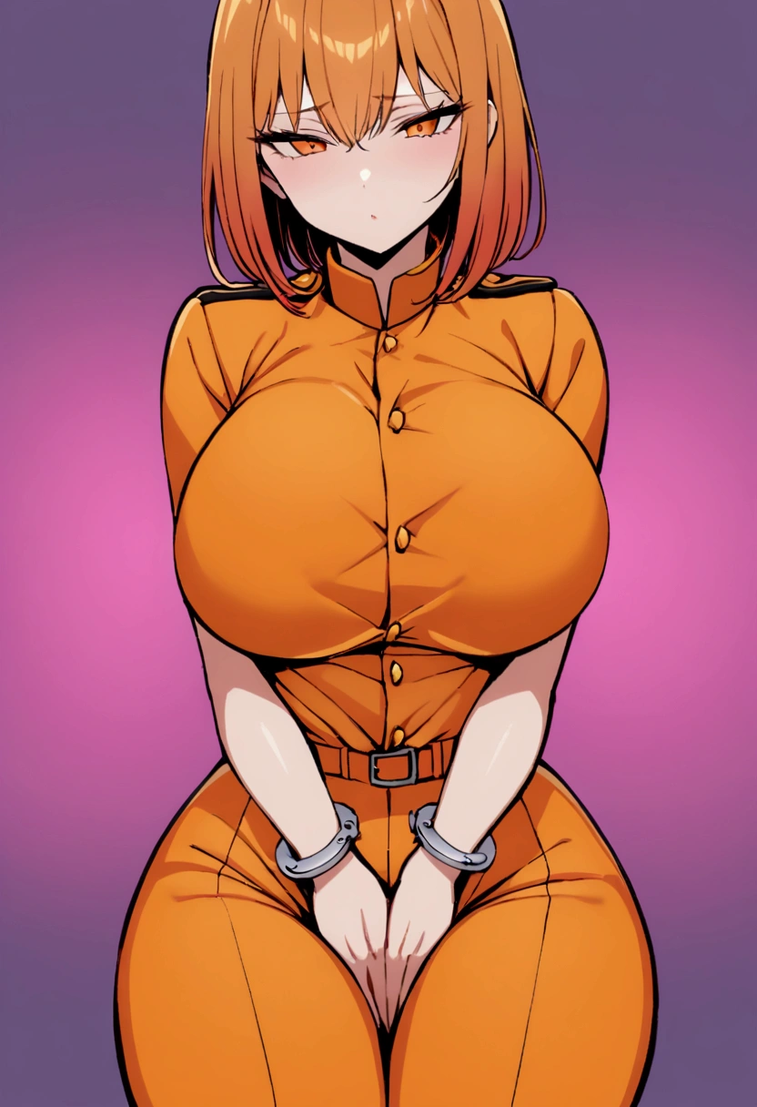 ,orange jumpsuit, uniform, orange pants,Waist Chain, Hands tucked in between thighs, arms tucked in between thighs, Handcuffs, big breasts