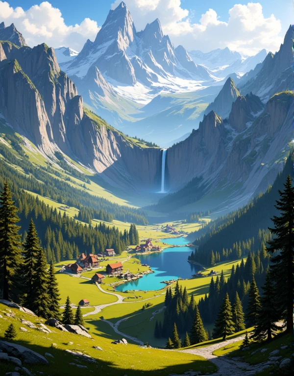  A magnificent valley . 
 With verdant forests ,  a village with simple houses at the bottom of the valley .
 A waterfall falling from the mountain and forming a waterfall.
Stamble diffuser . 
live cores.
wallpaper, 32k, hdr, UHD. 