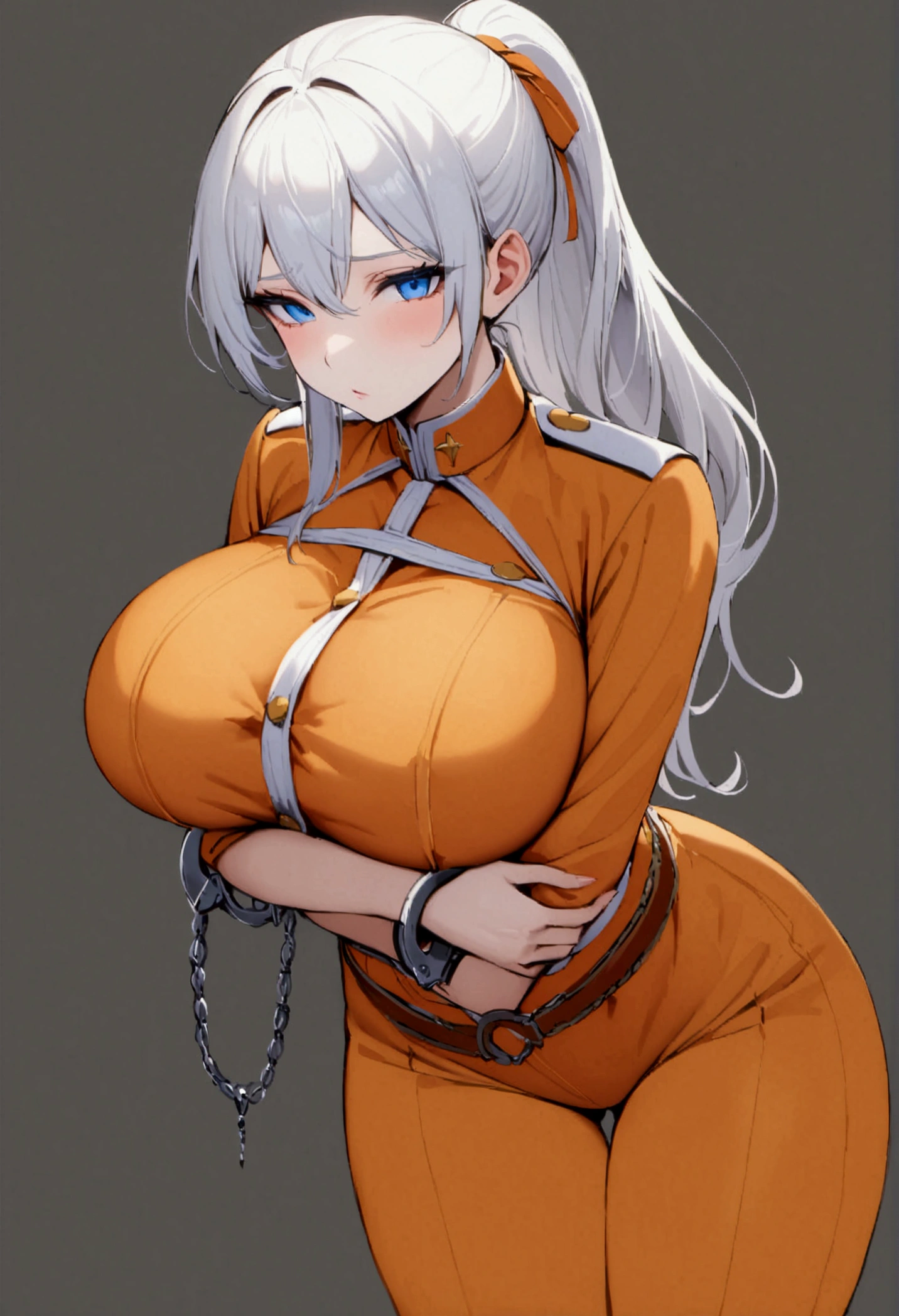 ,orange jumpsuit, uniform, orange pants,Waist Chain, Hands tucked in between thighs, arms tucked in between thighs, Handcuffs, big breasts, long white hair, blue eyes, ponytail 