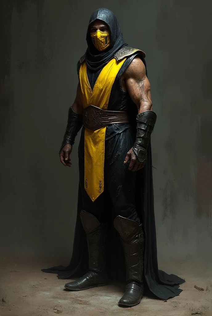 Mortal Kombat-Scorpions in a black and yellow suit with a muted palette and dry brush technique, creating a feeling of hopelessness, desolation, despair, dirt, dark monochrome background. (Minimalism: 1). Ideal body anatomy.
