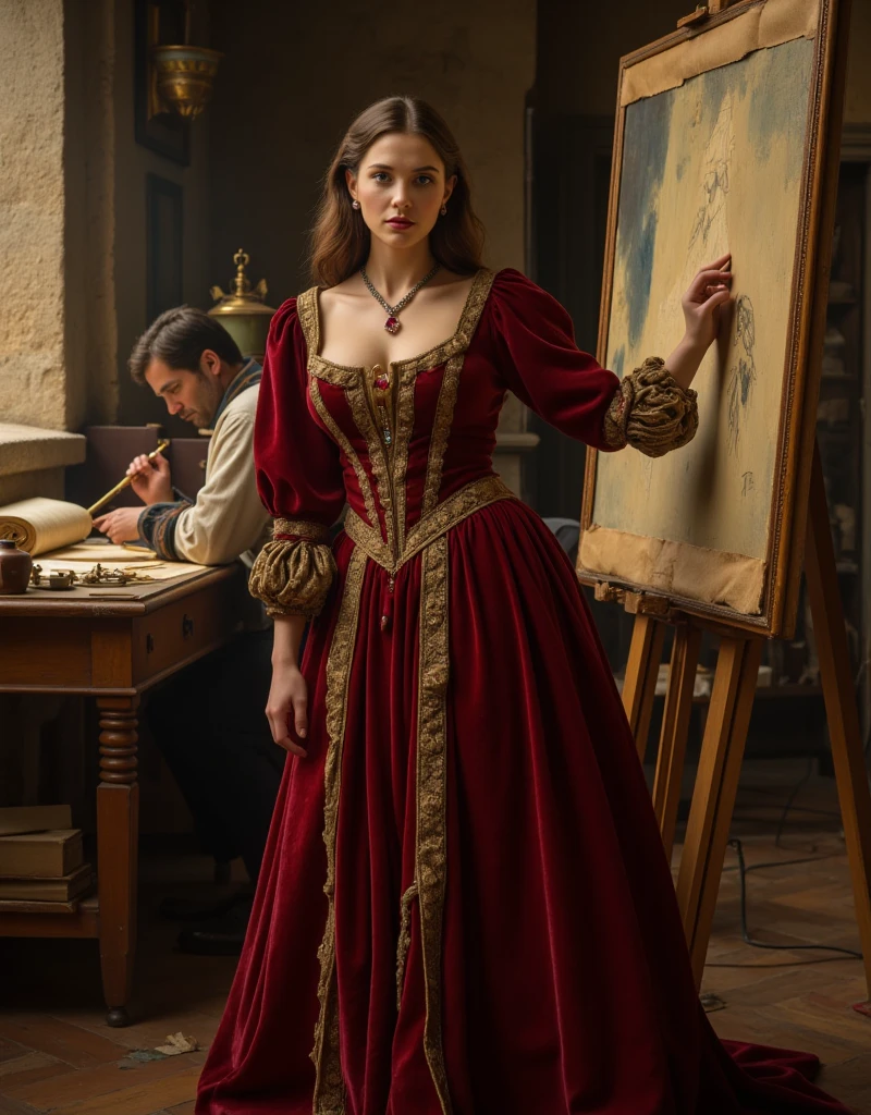 A stunning woman with an hourglass figure stands poised in an elaborate Renaissance gown crafted from rich burgundy velvet with golden embroidery and gemstones along the bodice and cuffs. Her dress features a seductive, low neckline that frames her chest and emphasizes her narrow waist, complemented by a high collar and elegantly puffed sleeves that taper at her wrists. She wears a delicate chain with a ruby pendant, and her chestnut hair cascades in voluminous waves down her back, with soft tendrils framing her face to accentuate her captivating blue eyes and soft, inviting lips. Standing beside a large, partially completed painting on a wooden easel, she rests her hand lightly on its frame, gazing confidently and seductively at the camera.

In the background, a bearded man in period-accurate Renaissance attire (Leonardo da Vinci) is absorbed in his work, seated at a cluttered wooden desk covered in parchment scrolls, intricate sketches, scientific instruments, and small mechanical models. The room is warmly lit by diffused sunlight streaming through a nearby window, casting soft shadows across the stone walls and adding a golden glow that enhances the luxurious textures of her gown and the rustic atmosphere of da Vinci’s workshop. This composition evokes the grandeur of a Renaissance painting, with a color palette of deep reds, warm golds, and muted earth tones, capturing the mystique and timeless beauty of the era