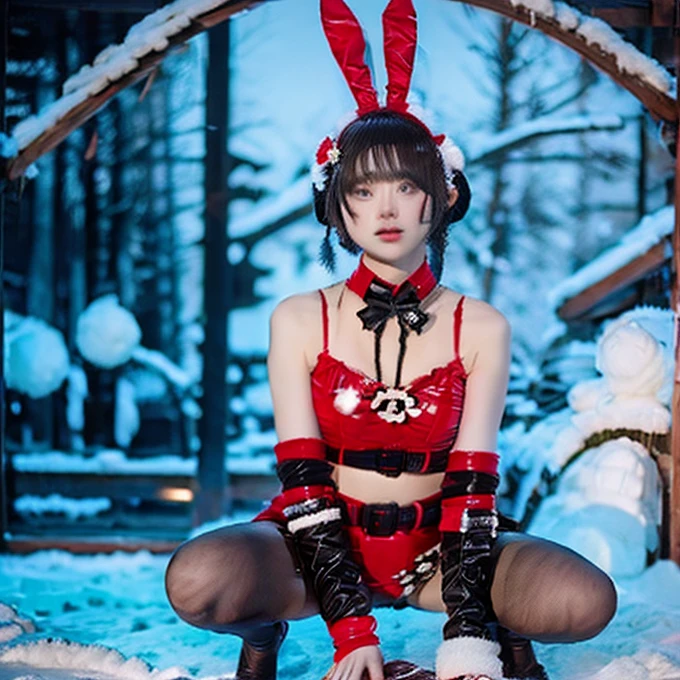 tight bunny suit ,handcuffed, sensual kneeling position ,snowy environment, ultra detailed, masterpiece ,looking at viewer , sexy , tired eyes, crying, perfect body,bunny ears, Z cup , mega huge ass, fishnet stockings 