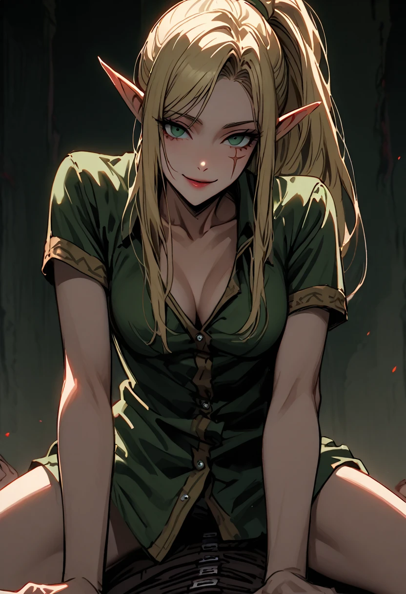 Alone, woman, close, Elf Girl, blonde, Dark green eyes,  Ranger, Big scar,  chin scar  , stoic, Long Hair,  Side cut hair , adult, Broad shoulders, Chivalry,  ponytail, Bright clothes, throw, woman on top,   partially undressed ,  in cowgirl position,  yandere, smile, Nailed