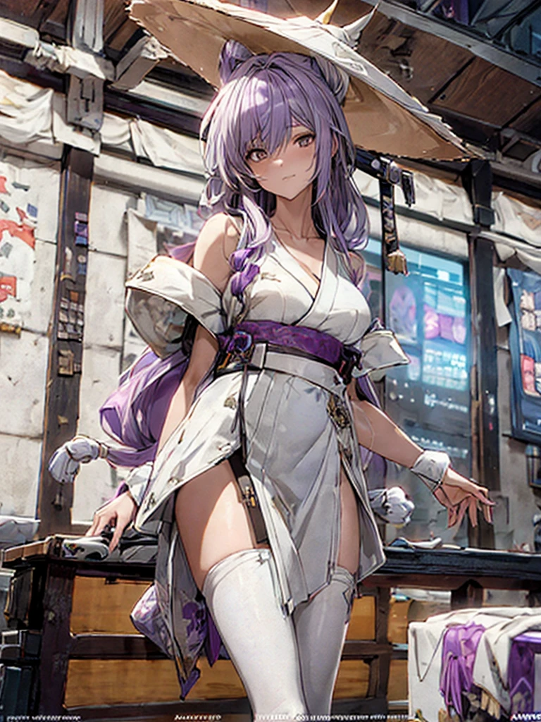 1 girl, tie purple hair, long light purple hair, wide large ronin white hat, gold eyes, white robe, katana, cool and sexy face, white thigh knee sock, white loose short kimono, 8, Sharp face, battlefield, outside, black high-heeled shoe, standing, scarlet, white panty, one person, alone, alcohol, booze, 1 head, 2 hands, 2 legs, lightning, Best quality, masterpiece, 3D, an image of a beautiful female samurai, HDR (High Dynamic Range), Ray Tracing, NVIDIA RTX, Super-Resolution, Unreal 5,Subsurface scattering, PBR Texturing, Post-processing, Anisotropic Filtering, Depth-of-field, Maximum clarity and sharpness, Multi-layered textures, Albedo and Specular maps, Surface shading, Accurate simulation of light-material interaction, Perfect proportions, Octane Render, 8k, high res