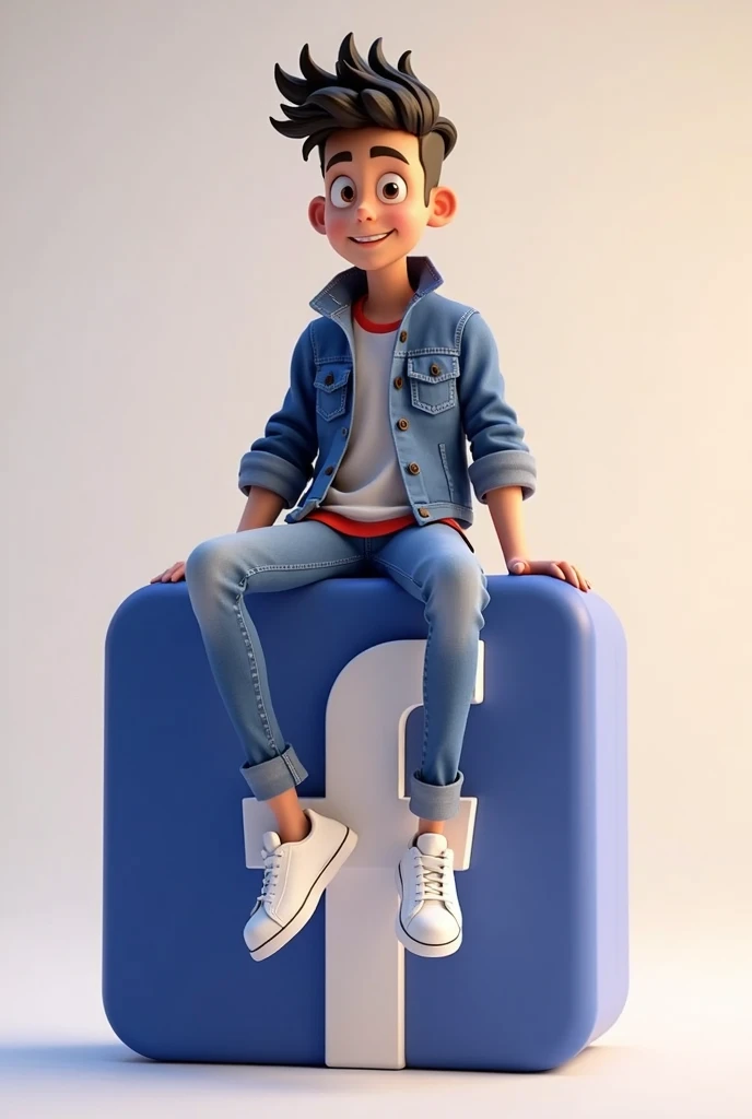 Create a 3D illustration of an animated character sitting casually on top of a social media logo "FACEBOOK". The character must wear casual modern clothing such as jeans jacket and sneakers shoes. The background of the image is a social media profile page with a user name "IRFAN SABIR" and a profile picture that match.