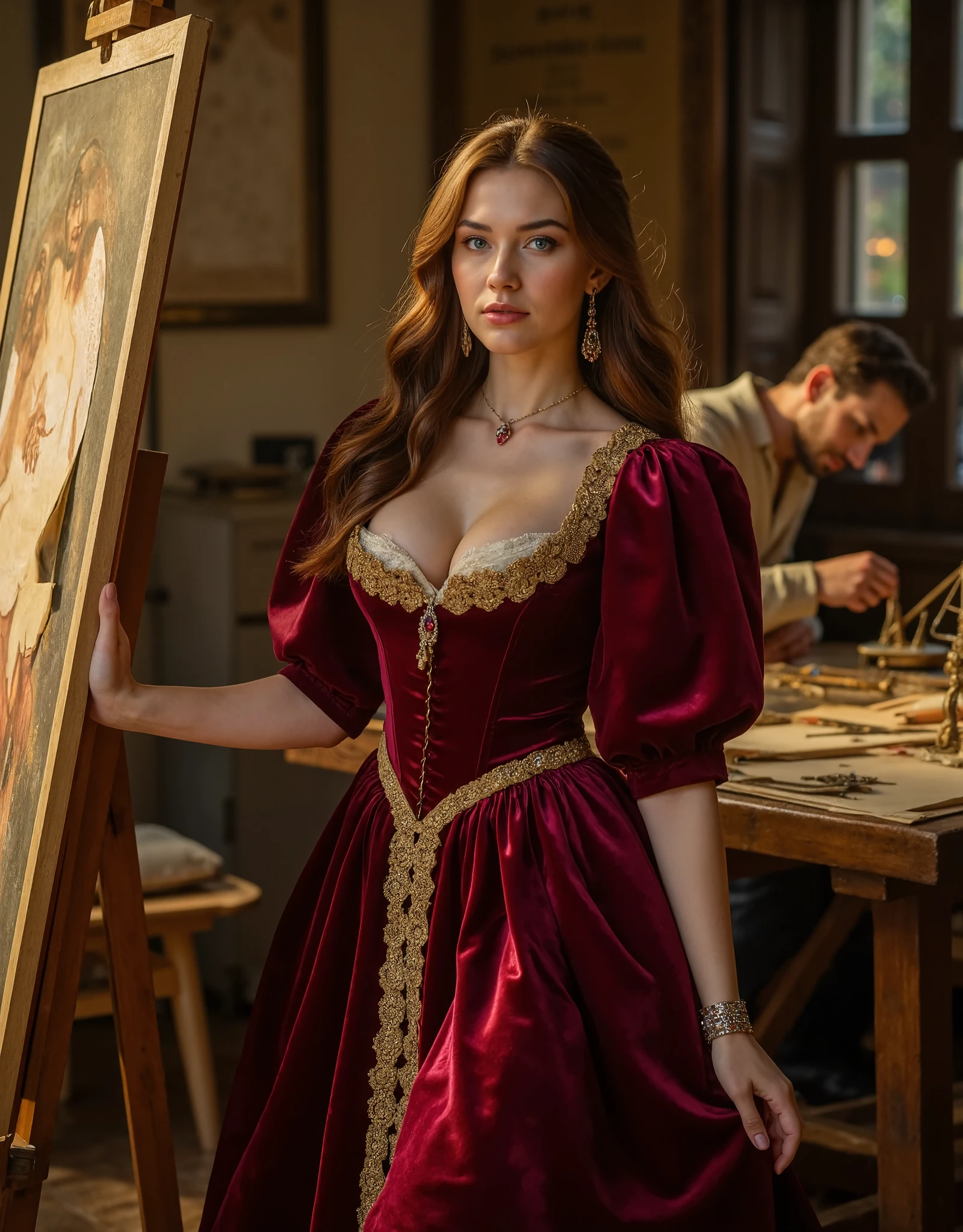 A stunning woman with an hourglass figure stands poised in an elaborate Renaissance gown crafted from rich burgundy velvet with golden embroidery and gemstones along the bodice and cuffs. Her dress features a seductive, low neckline that frames her chest and emphasizes her narrow waist, complemented by a high collar and elegantly puffed sleeves that taper at her wrists. She wears a delicate chain with a ruby pendant, and her chestnut hair cascades in voluminous waves down her back, with soft tendrils framing her face to accentuate her captivating blue eyes and soft, inviting lips. Standing beside a large, partially completed painting on a wooden easel, she rests her hand lightly on its frame, gazing confidently and seductively at the camera.

In the background, a bearded man in period-accurate Renaissance attire (Leonardo da Vinci) is absorbed in his work, seated at a cluttered wooden desk covered in parchment scrolls, intricate sketches, scientific instruments, and small mechanical models. The room is warmly lit by diffused sunlight streaming through a nearby window, casting soft shadows across the stone walls and adding a golden glow that enhances the luxurious textures of her gown and the rustic atmosphere of da Vinci’s workshop. This composition evokes the grandeur of a Renaissance painting, with a color palette of deep reds, warm golds, and muted earth tones, capturing the mystique and timeless beauty of the era