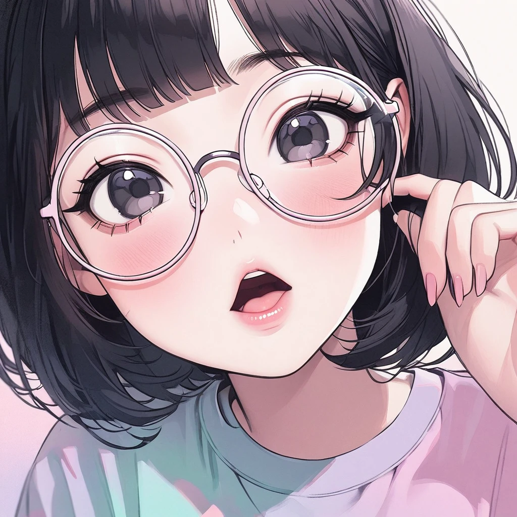 Girl, black hair, black eyes, beautiful, nerdy t-shirt, pastel colors, face close-up, flat, lipgloss, brat, big round glasses, korean, wide mouth, submissive, straight bangs, looking up, pink cheeks 