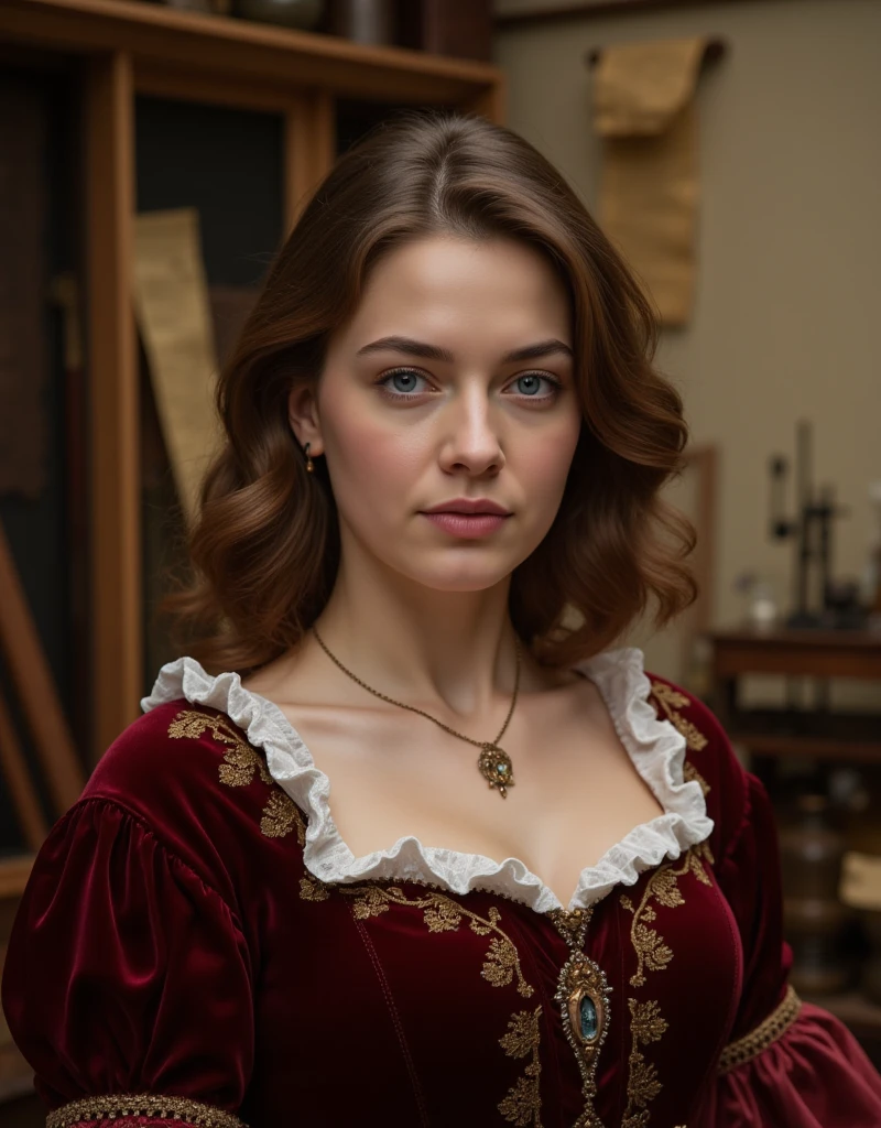 A close-up portrait of Amelia focusing on the intricate details of her Renaissance gown. Her gown’s deep burgundy velvet fabric, adorned with finely stitched golden patterns and gems along the neckline, is in sharp focus. Her posture subtly accentuates her chest, giving a glimpse of her delicate collarbones and jewel pendant. Her blue eyes hold a hint of mystery as she looks slightly away from the camera, her chestnut waves gently framing her face. The background is softly blurred but reveals hints of parchment scrolls and scientific instruments, lending an intimate glimpse into da Vinci’s workshop.