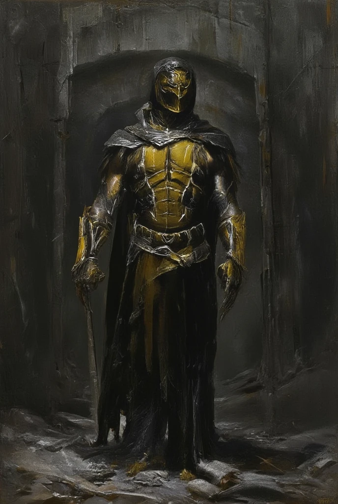 Mortal Kombat-Scorpions in a black and yellow suit with a muted palette and dry brush technique, creating a feeling of hopelessness, desolation, despair, dirt, dark monochrome background. (Minimalism: 1). Ideal body anatomy.
