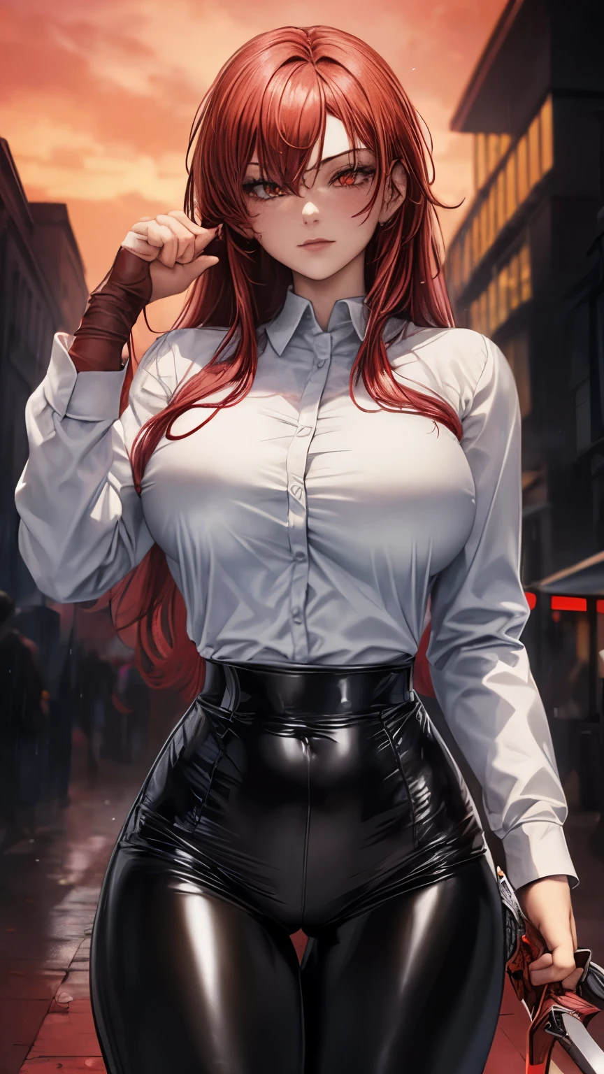 Masterpiece, Best Quality, looking at the viewer, in front of the viewer, 1 woman, (big breasts:1.2), sexy body, thin waist, Attractive front curves, round and soft chest, disgusted face, evening, Heavy Rain, outdoor, City, crop top, (white long sleeve collared shirt:1.4), (shiny black leggings), blood marks, Dark alley, blood splattered on the floor, bright red light, bright Eyes, depth of field, holding a sword, Red Sky, Atmosphere, perfect hands